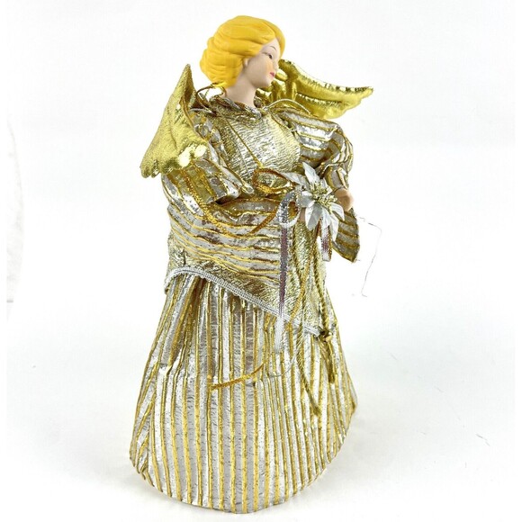 Golden Winged Angel Christmas Tree Topper with Bell & Flower Porcelain Face 12in - Picture 5 of 13